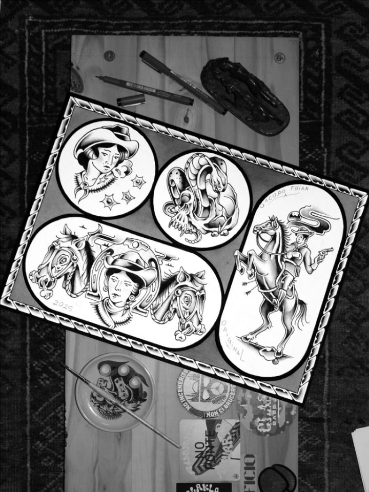 Foglio flash dipinto a mano da Thian con cowboy, cavalli e serpenti